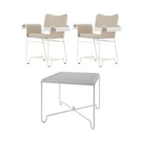 Billede af GUBI Tropique Dining Table 90x90 + Tropique Dining Chairs W. Fringes Havemøbelsæt - White Steel/Black Limonta 12