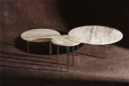 GUBI IOI Coffee Table Round Ø: 70 cm - Chrome/Brass Sphere/Rippled Beige 