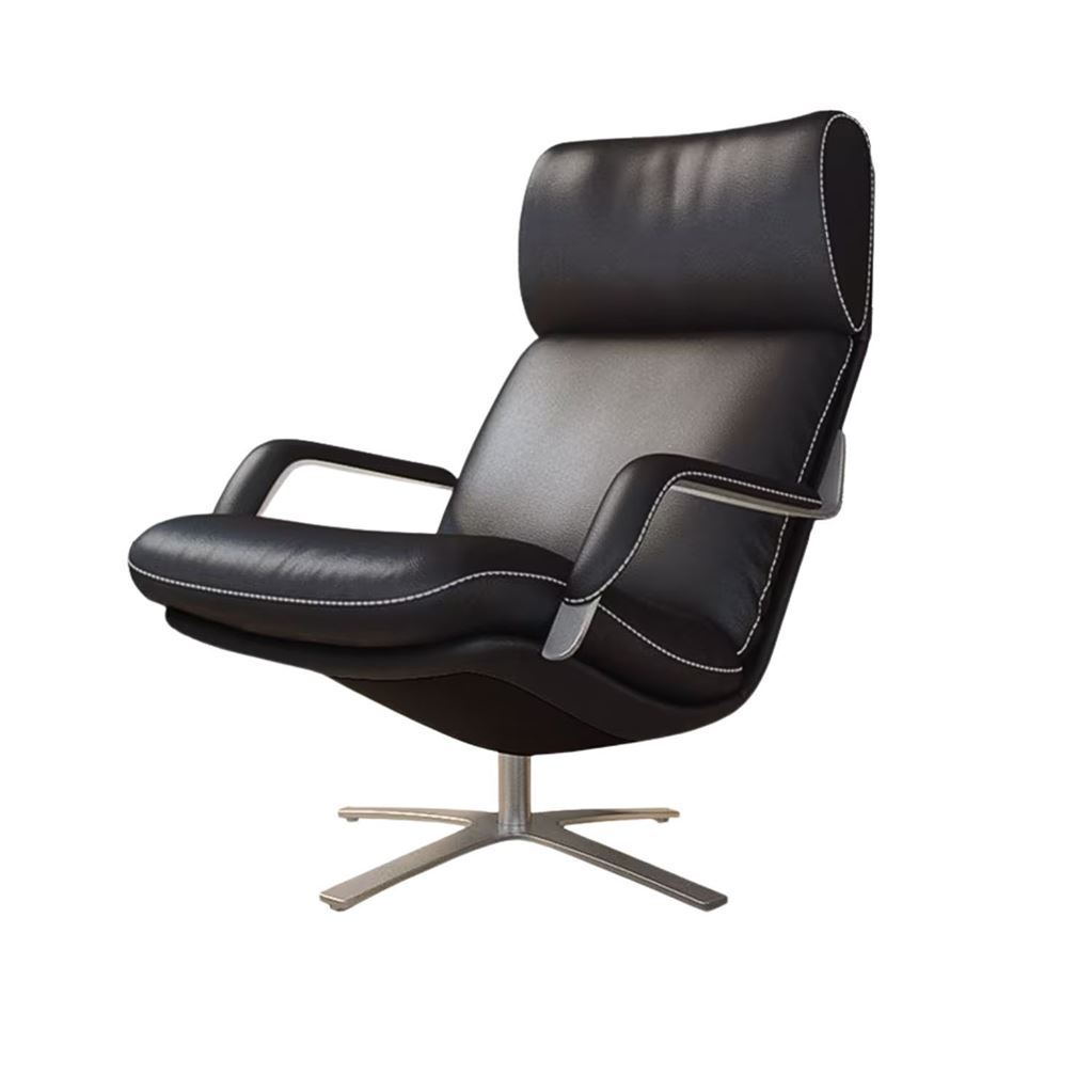 Billede af BERG Furniture Nasa Høj Åben Arm Lænestol m. Justerbar Nakkepude SH: 46 cm - Mat Aluminium/Berg Soft Sort Læder