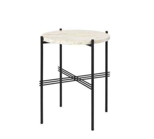 GUBI TS Side Table Ø: 40 cm - Black Base / Neutral White Travertine
