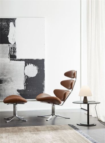 Fredericia Furniture Erik Jørgensen EJ 5-F Corona Skammel H: 47 cm - Sort Omni 301 Læder/Børstet Krom