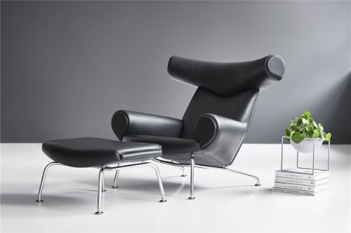 Fredericia Furniture Erik Jørgensen Wegner OX Ottoman H: 36 cm - Sort Omni 301 Læder / Børstet Krom