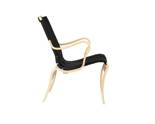 Bruno Mathsson Mi 425 Mina Lænestol m. arm SH: 34 cm - Lakeret Bøg / Sort Linnegjord