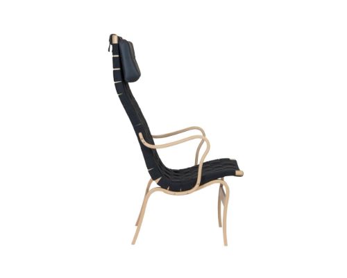 Bruno Mathsson Mi 473 Eva Lænestol Høj Ryg m. Arm og Nakkepude SH: 34 cm - Lakeret Bøg / Sort Linnegjord