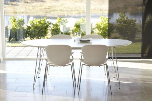 Andersen Furniture DK10 Ovalt Spisebord Med Udtræk 110x190x72 cm - Hvid Laminat/Krom