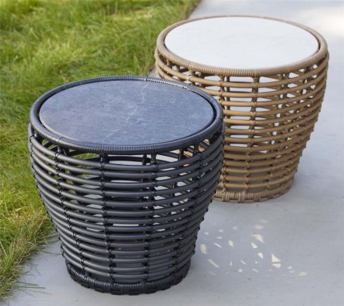 Cane-line Outdoor Basket Sofabord Lille Ø: 50 cm - Travertine Look Ceramic/Natural Weave