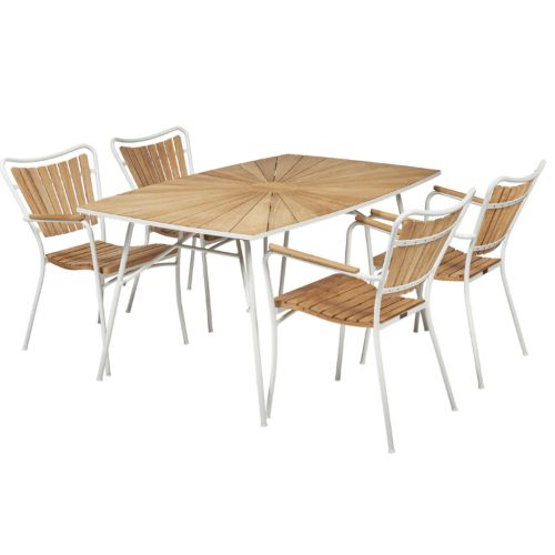 Mandalay Marguerit Havebord L: 144 cm Inkl. 4 Havestole Havemøbelsæt - Hvid/Teak 