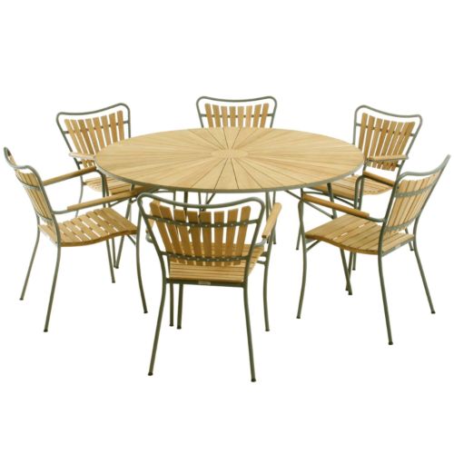 Mandalay Marguerit Havemøbelsæt Havebord Ø: 140 cm Inkl. 6 Stk. Havestole - Teak/Olivengrøn