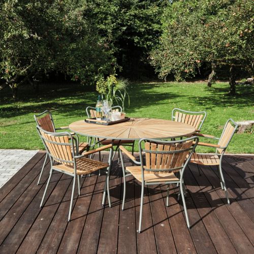 Mandalay Marguerit Havemøbelsæt Havebord Ø: 140 cm Inkl. 6 Stk. Havestole - Teak/Olivengrøn