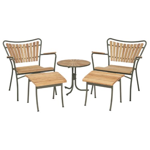 Mandalay Marguerit Havemøbelsæt Loungebord Ø: 50 cm Inkl. 2 Stk.  Loungestole og Fodskamler - Teak/Olivengrøn