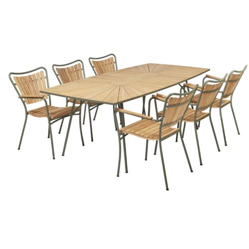 Mandalay Marguerit Havemøbelsæt Bådformet Bord L: 200 cm Inkl. 6 Stk. Havestole - Teak/Olivengrøn UDSOLGT FOR SÆSON 2026